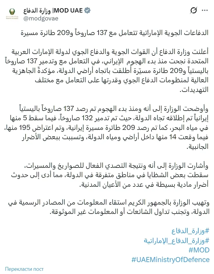 В ОАЭ сообщили об отражении иранской атаки и заявили о праве на ответ: что происходит
