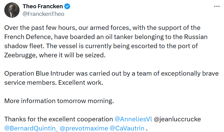 "Отличная работа": военные Бельгии впервые задержали "теневой" танкер РФ. Фото