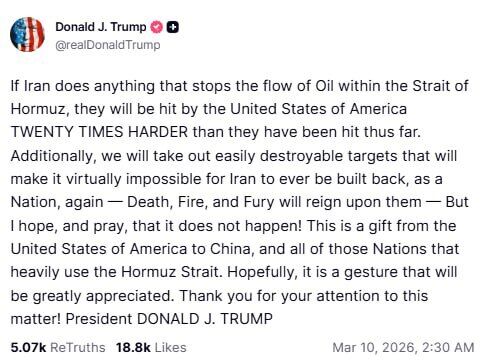 "Смерть, огонь и ярость": Трамп пригрозил более сильным ударом, если Иран остановит поставки нефти через Ормузский пролив