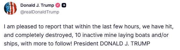 Военные США уничтожили 10 иранских лодок, которые могли использоваться для установки морских мин, – Трамп