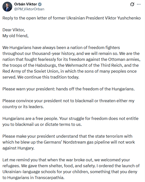 "Вікторе, зупинись і згадай, ким ти був": Ющенко звернувся до Орбана з відкритим листом і отримав несподівану відповідь