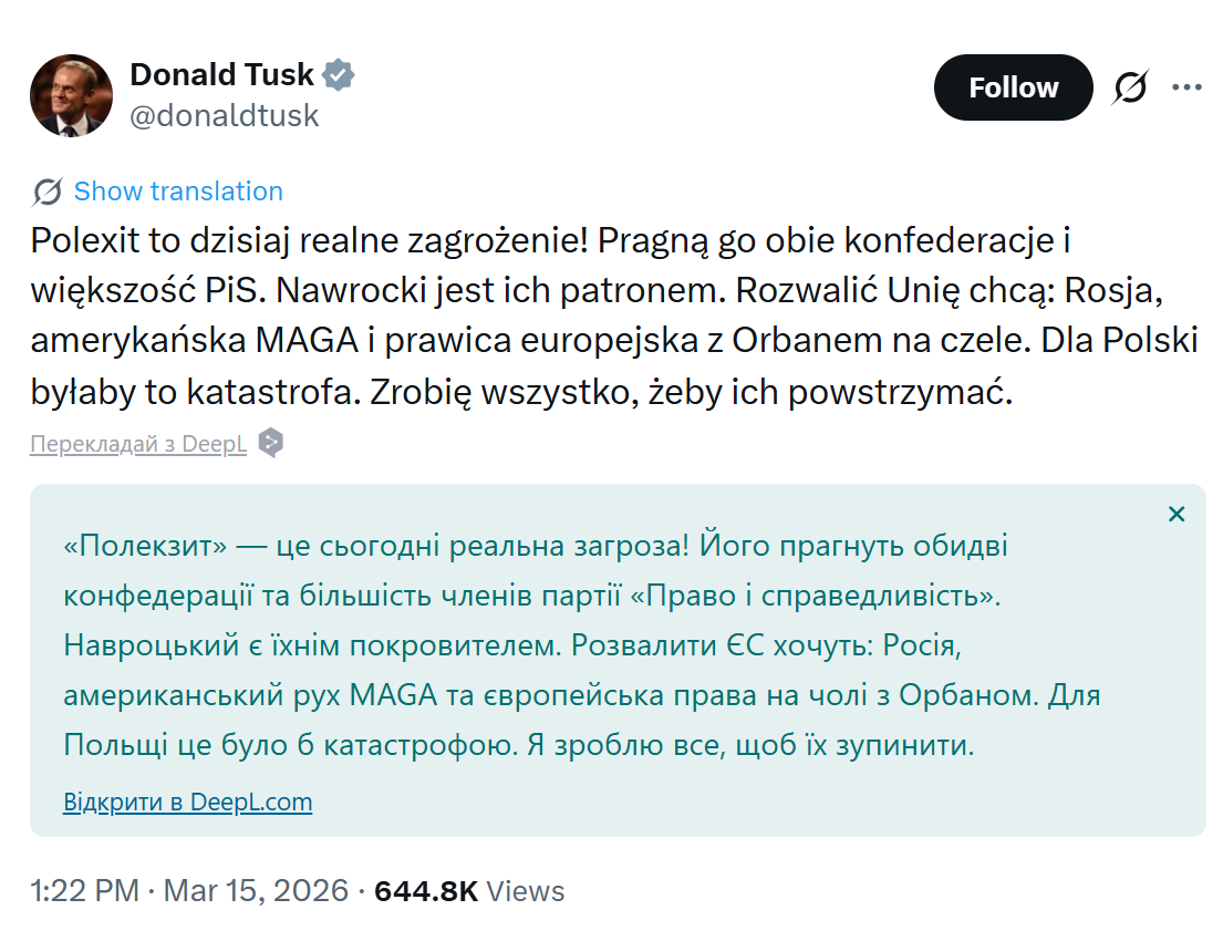 "Ризик більше не є гіпотетичним": Туск заявив, що Навроцький і ПіС штовхають Польщу до виходу з ЄС