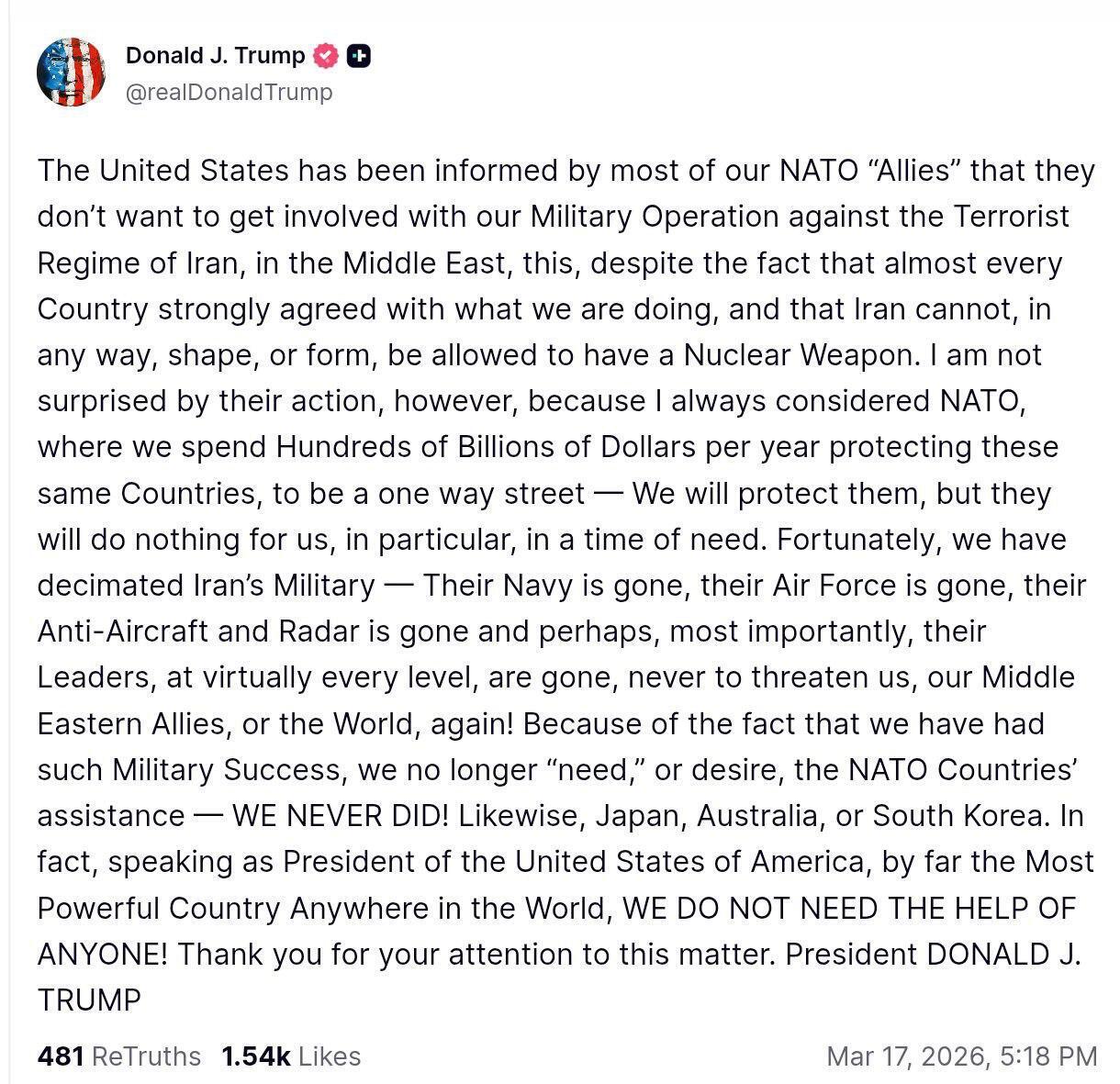 "Нам не потрібна нічия допомога": Трамп відреагував на відмову НАТО щодо допомоги проти Ірану, про яку раніше просив