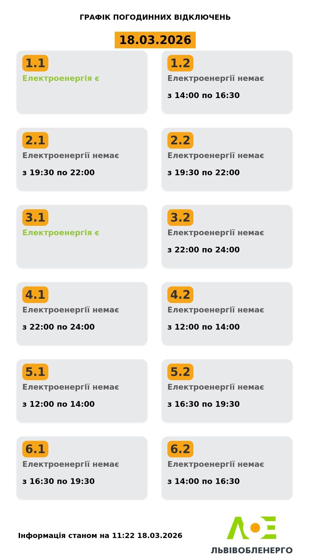 График отключения света во Львовской области