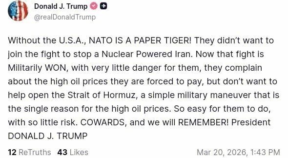 "Боягузи! Ми це запам'ятаємо!" Трамп накинувся на НАТО через відмову брати участь у війні з Іраном