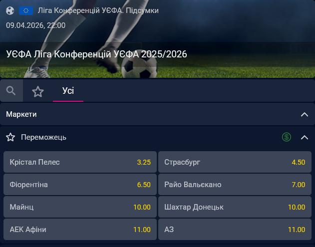 Перед стартом 1/4 фіналу Ліги конференцій букмекери вважають головним фаворитом на перемогу в турнірі англійський "Кристал Пелас"