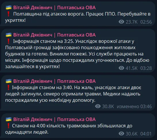 У Полтаві внаслідок атаки РФ пошкоджено житлові будинки та готель: двоє людей загинули, 11 поранено