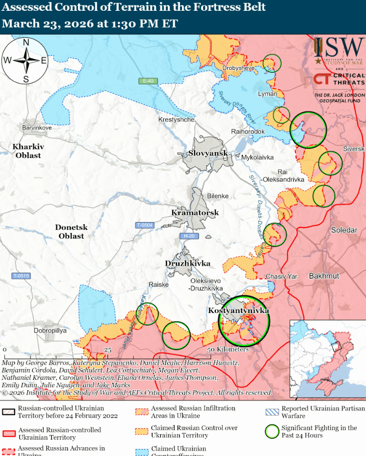 Російські війська посилили наземні атаки: в ISW оцінили, чи здатен ворог захопити "пояс фортець" на Донеччині. Карта