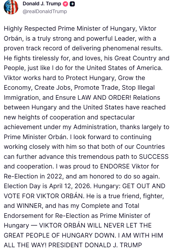 "Справжній друг": Трамп закликав угорців підтримати Орбана на парламентських виборах
