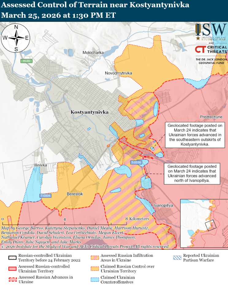 Українські війська просунулися на Слов'янському напрямку, у районі Костянтинівка-Дружківка та на заході Запорізької області – ISW