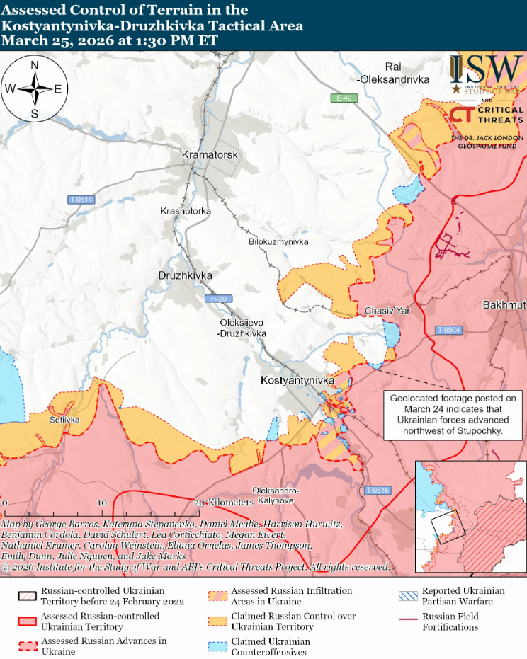 Українські війська просунулися на Слов'янському напрямку, у районі Костянтинівка-Дружківка та на заході Запорізької області – ISW
