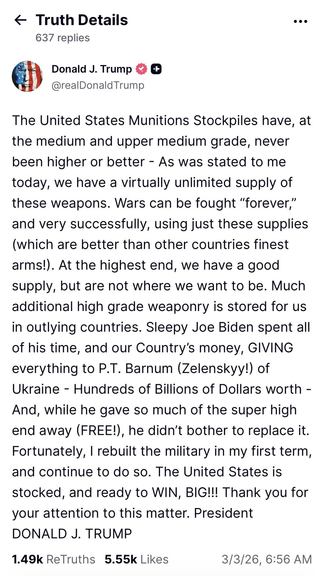 "Готові до великої перемоги": Трамп заявив про майже безмежні запаси зброї у США і можливість воювати "вічно"