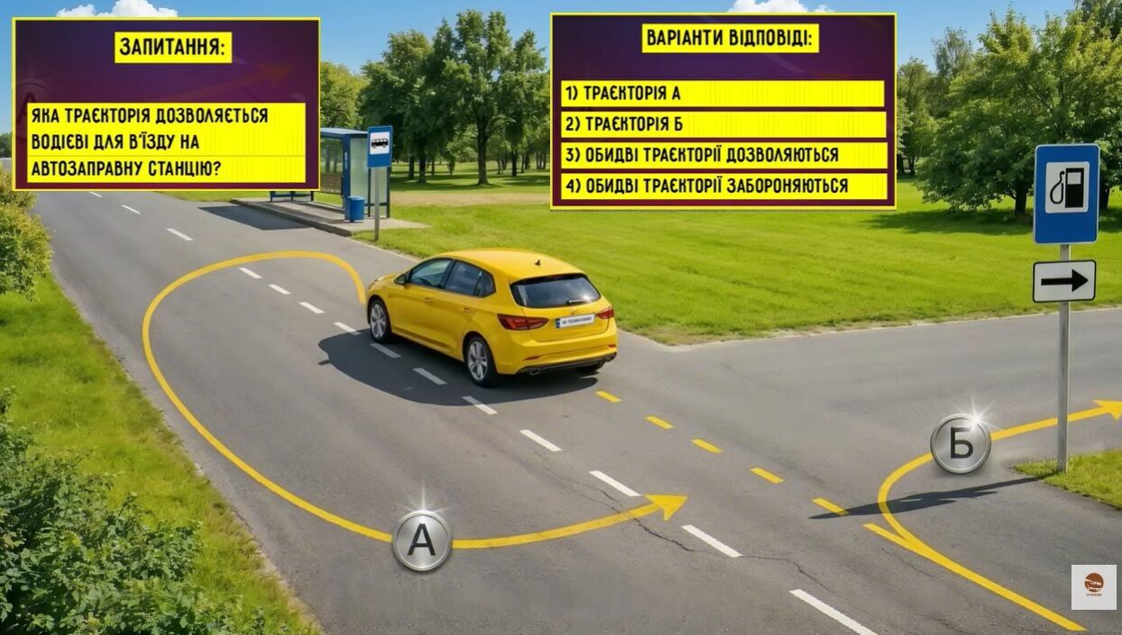 Какая траектория разрешена для въезда на АЗС? Тест на знание ПДД