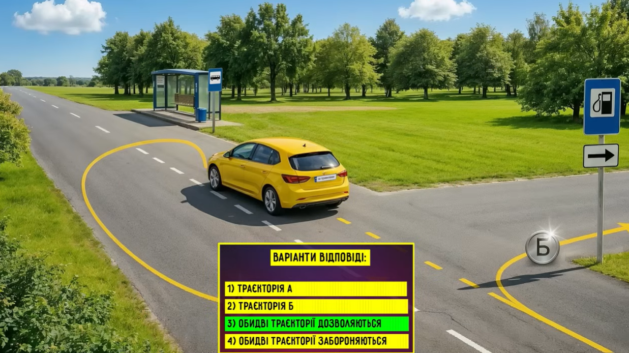 Какая траектория разрешена для въезда на АЗС? Тест на знание ПДД