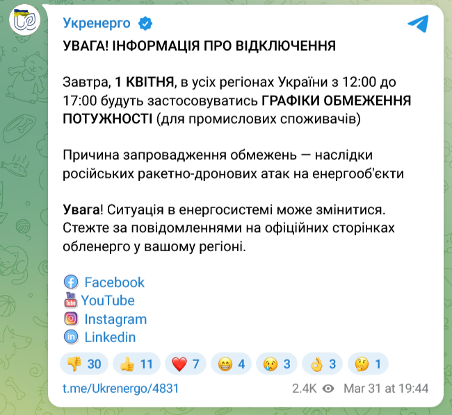 Графики ограничения мощности света на 1 апреля