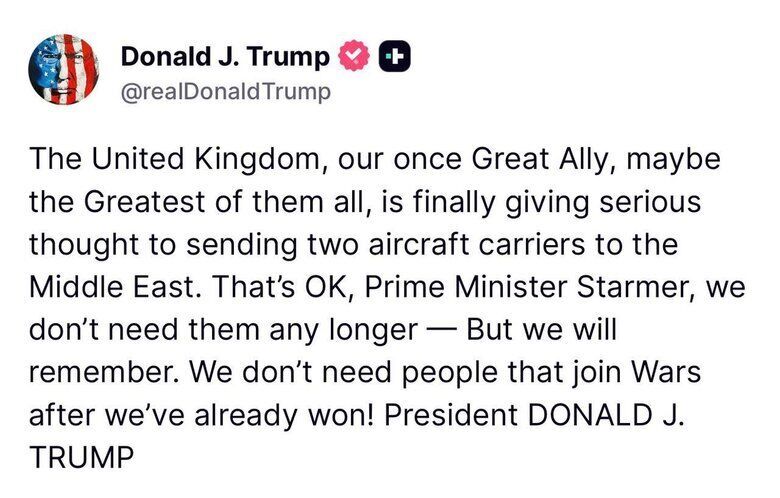 Трамп упрекнул Стармера: нам не нужны люди, которые вступают в войну после того, как мы уже победили