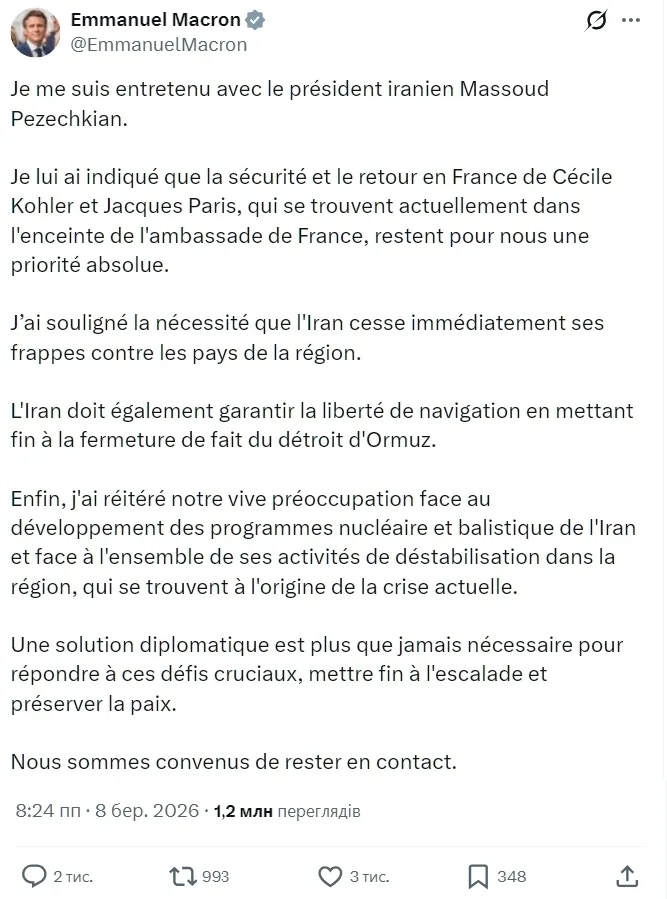 Макрон провел разговор с президентом Ирана: о чем удалось договориться