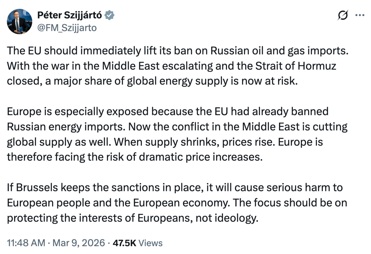 Петер Сийярто требует немедленно отменить санкции против РФ