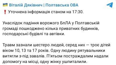 У Полтаві російський дрон впав на приватний сектор: постраждали шестеро людей, серед них – діти