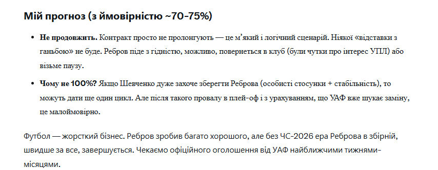 Искусственный интеллект ответил, продолжит ли Ребров тренировать сборную Украины