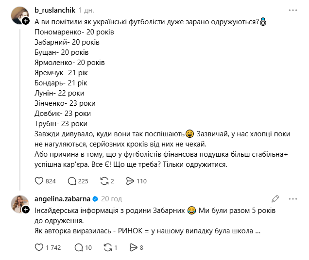 "Щоб не виникало ненависті": дружина Забарного відреагувала на слова про ескортниць та весілля футболістів
