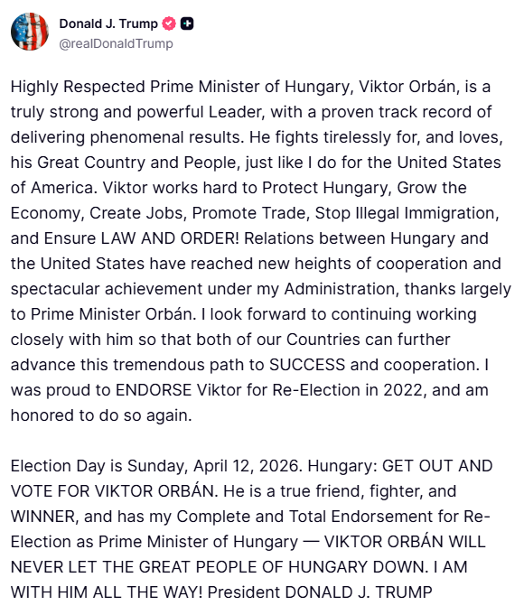"Справжній друг": Трамп закликав угорців голосувати за Орбана