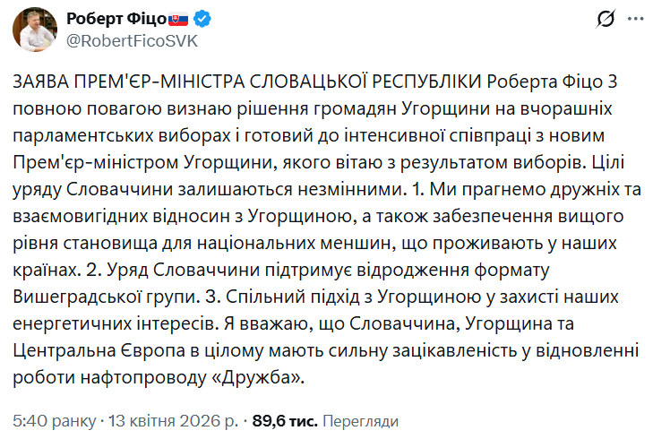 Фіцо привітав Мадяра з перемогою на виборах і заговорив про "спільний інтерес" у відновленні "Дружби"