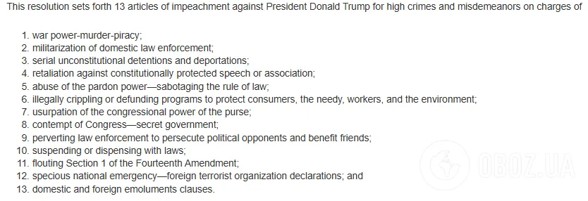 В Конгресс США внесли резолюцию об импичменте Трампа: выдвигают 13 жестких статей обвинения