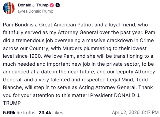 Трамп відправив у відставку генпрокурорку США: що відбувається