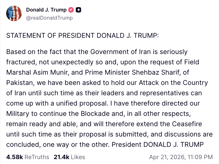 "Попросили пакистанські посередники": Трамп оголосив, що подовжує перемир'я з Іраном