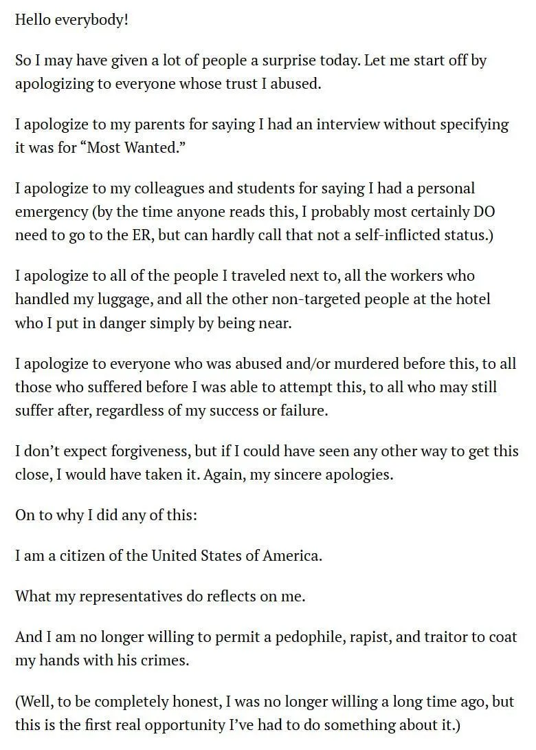 "Больше не готов терпеть педофила, насильника и предателя": вашингтонский стрелок обнародовал манифест, в котором объяснил свой мотив