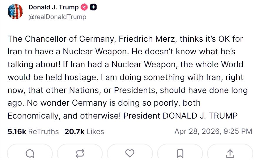"Він не розуміє, що каже!" Трамп накинувся на Мерца, перекрутивши його слова про ядерну програму Ірану