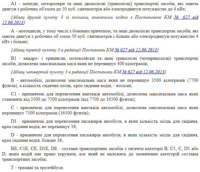 Нинішні категорії транспортним засобів
