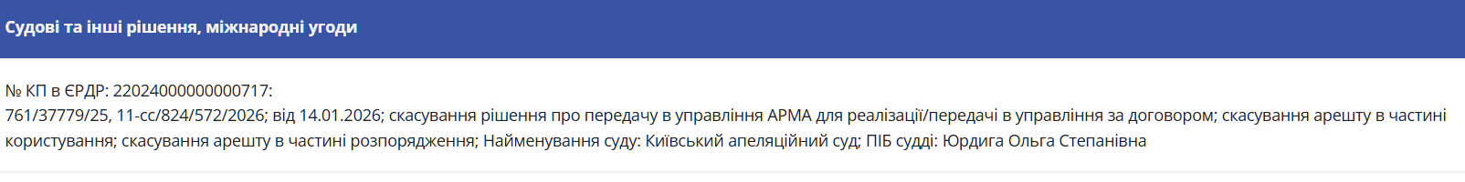 Уведомление АРМА о судебном решении
