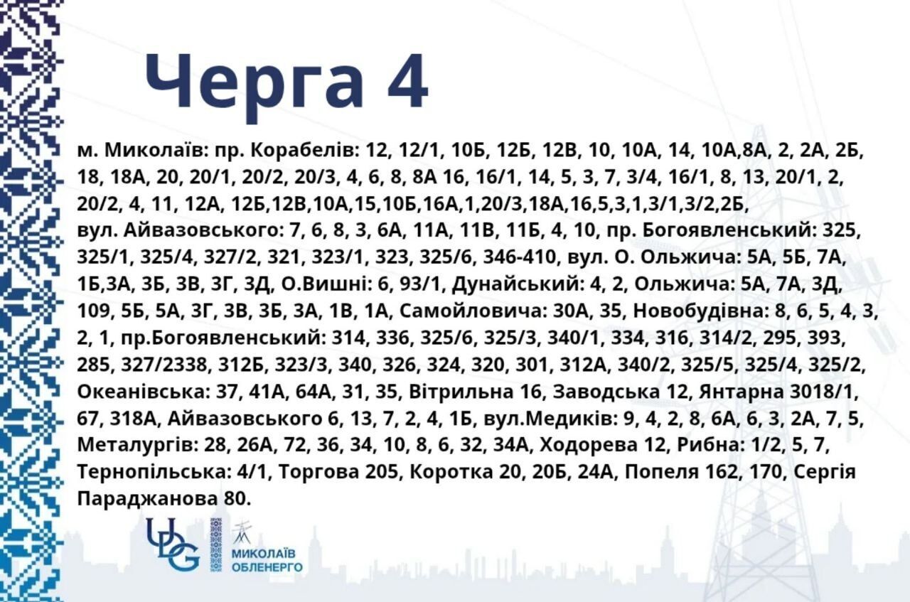 Адреса отключений света, очередь 4