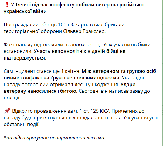 На Закарпатті побили ветерана російсько-української війни: у хід під час конфлікту пішла бита. Відео