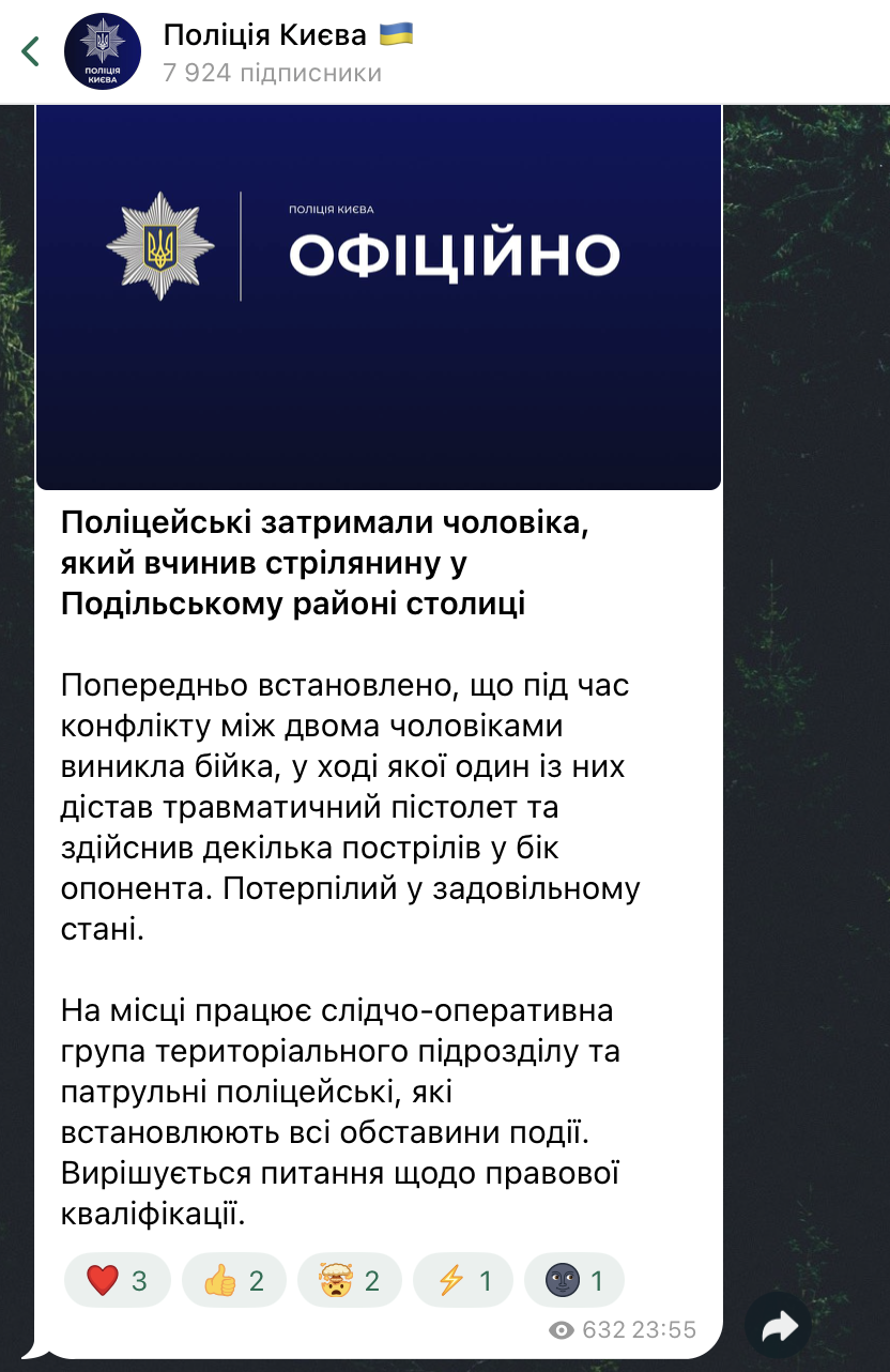 У Подільському районі Києва трапилася стрілянина: зловмисника затримали