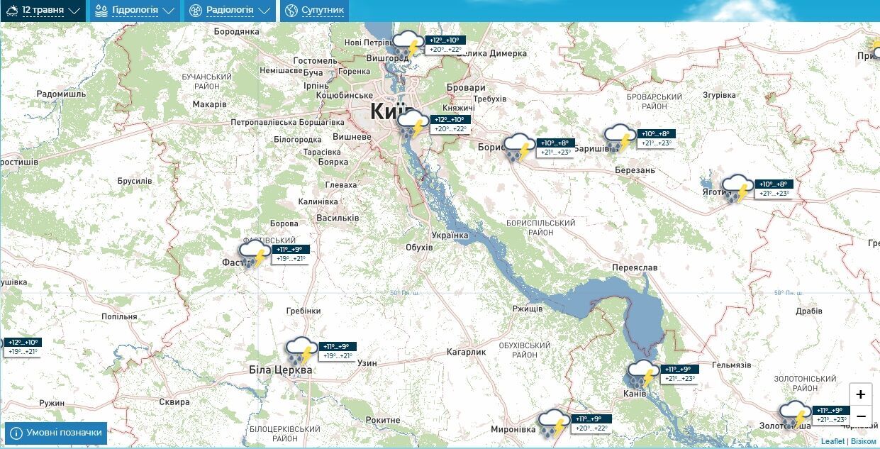 Прогноз погоди по Київщині на 12 травня.