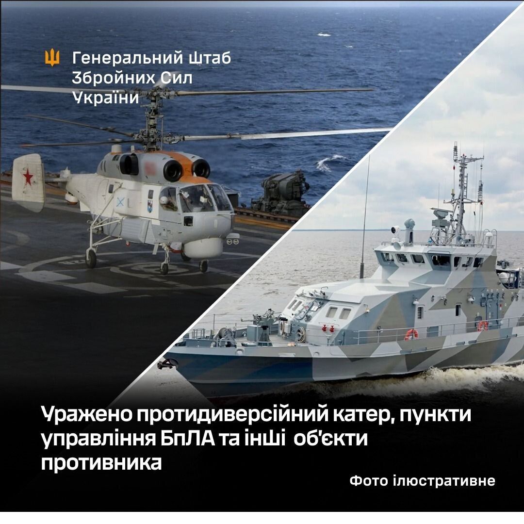 Уражено протидиверсійний катер, пункти управління БПЛА та інші об’єкти противника: у Генштабі розповіли про удари по ворогу