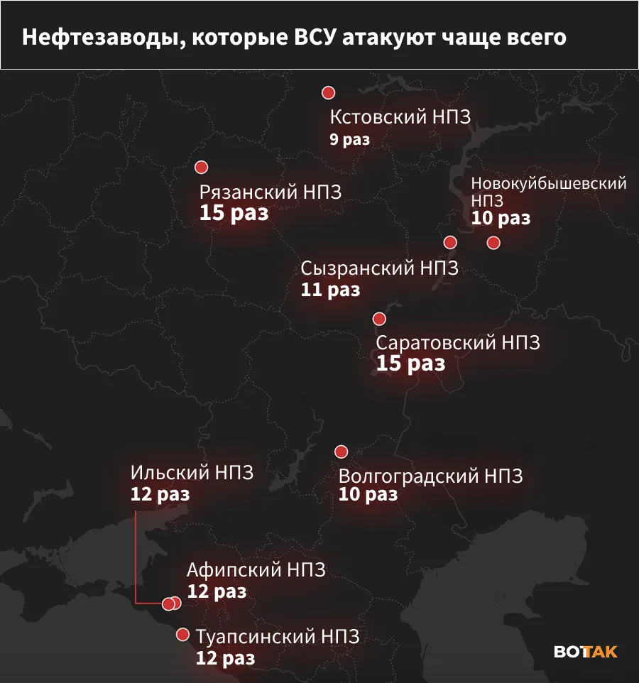 Украинские дроны не долетали только до двух НПЗ в "европейской части" России