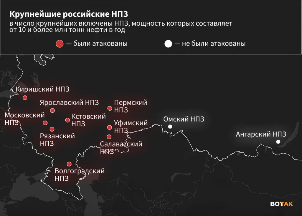 Украинские дроны не долетали только до двух НПЗ в "европейской части" России