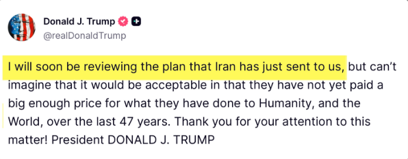 "Ще не заплатили достатньо високу ціну": Трамп прокоментував мирний план з Іраном