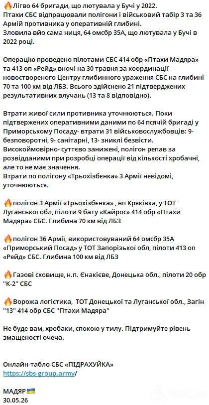 Українські безпілотники уразили військовий табір бригади армії РФ, яка лютувала в Бучі. Відео