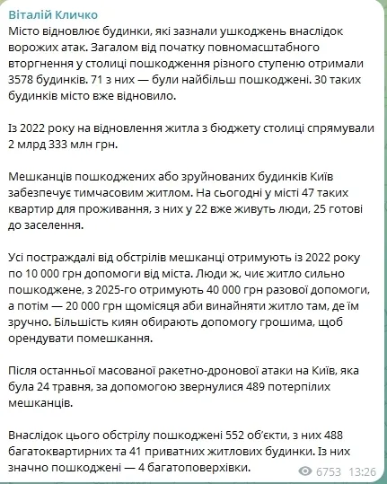 Кличко розповів, скільки відновлено будинків у Києві, які були пошкоджені внаслідок атак Росії