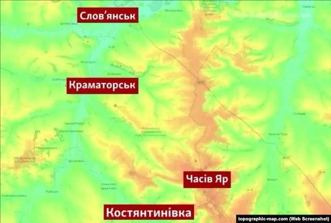Слов'янськ, Краматорськ, Часів Яр та Костянтинівка на топографічній мапі
