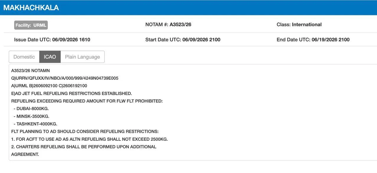 NOTAM для аеропорту Махачкали.