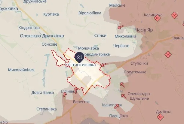 Костянтинівка на мапі бойових дій станом на 12 червня