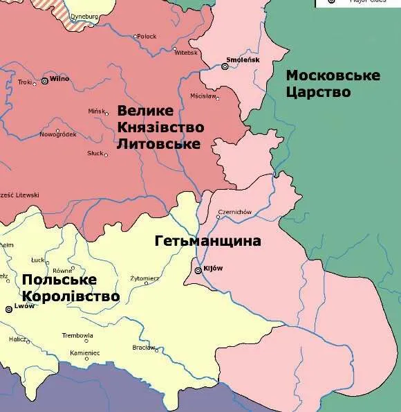 Розовым обозначены территории, которые согласно Андрусовскому соглашению отошли от Речи Посполитой к Москве