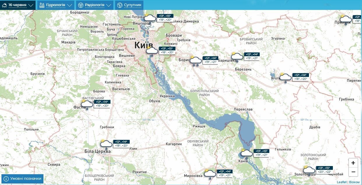 Прогноз погоди по Київщині на 16 червня.