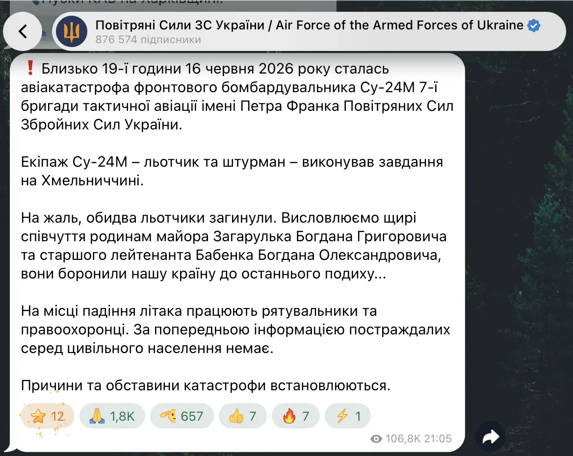 Скриншот повідомлення Повітряних сил ЗСУ у Telegram.